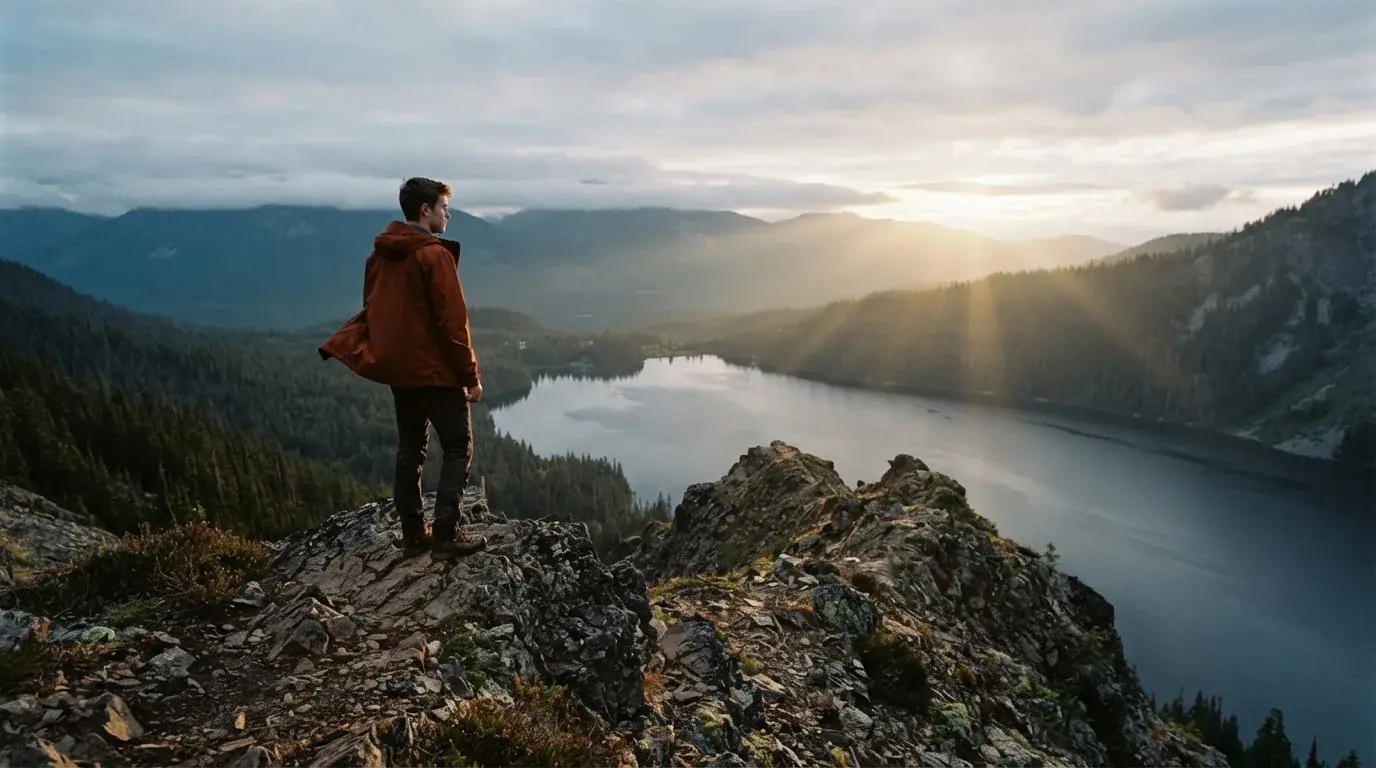 Ung mann stopper opp og ser ut over en innsjø fra en fjelltopp i morgenlys