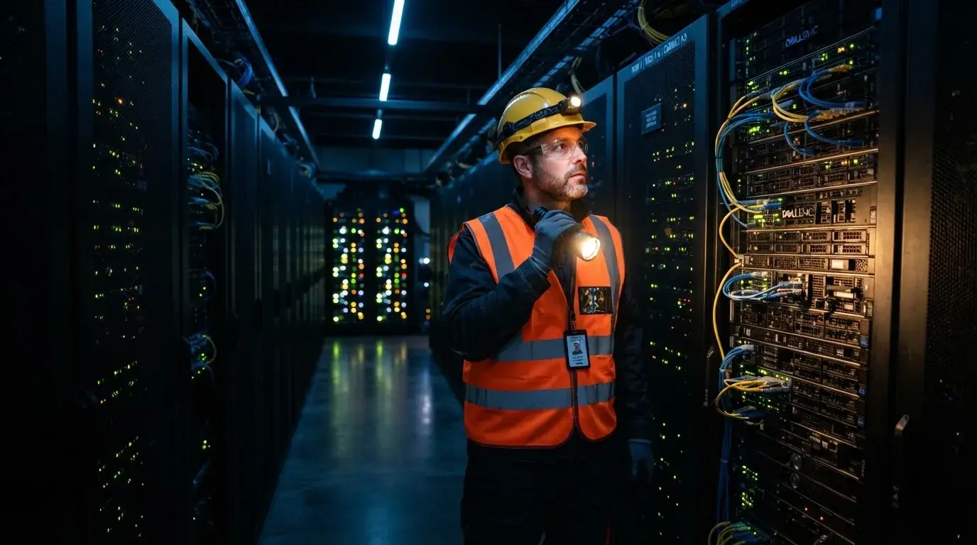 Mann i refleksvest og hjelm ser på rader av serverskap med lommelykt i et mørkt datarom